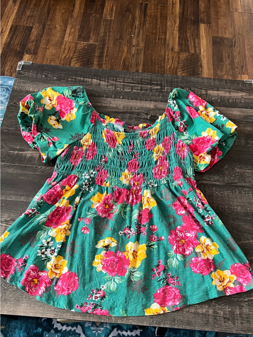 Turquoise Floral Smocked Short Sleeve Top 0